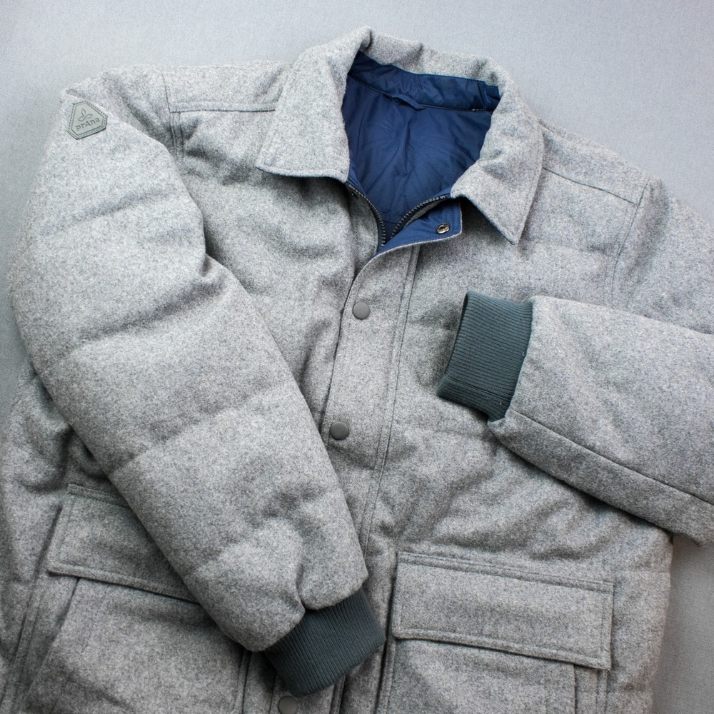 Prana Jacket Mens XL Gray Blue B-Side Puffer Down Wool Reversible Camp Work